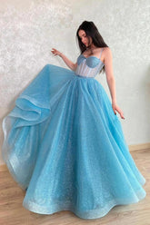 Bling A Line Spaghetti Straps Light Blue Sequns Long Prom Dress